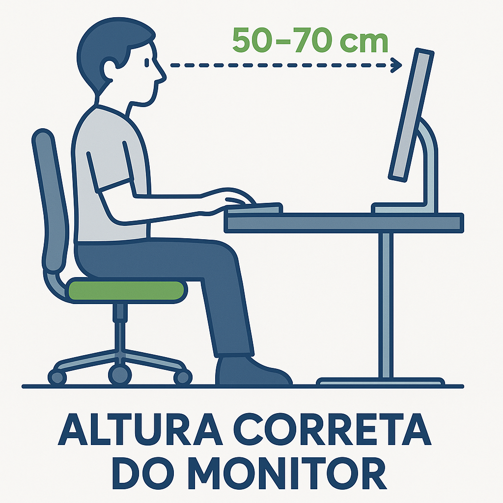 Altura correta do monitor: olhos no terço superior, distância de 50–70 cm. Ilustração line art azul com setas verdes.
