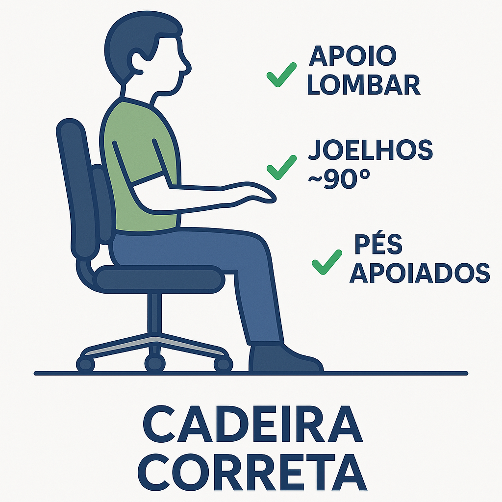 Cadeira correta: apoio lombar, joelhos ~90°, pés apoiados. Ilustração azul/cinza com destaques verdes.
